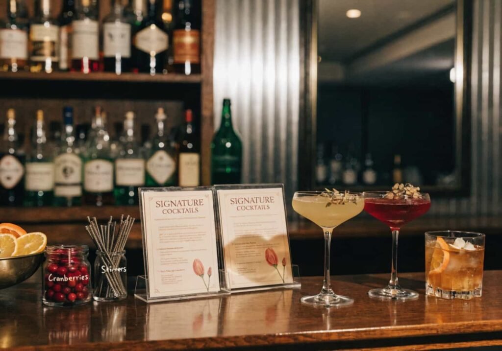 Signature cocktail menu cards displayed at a wedding reception bar