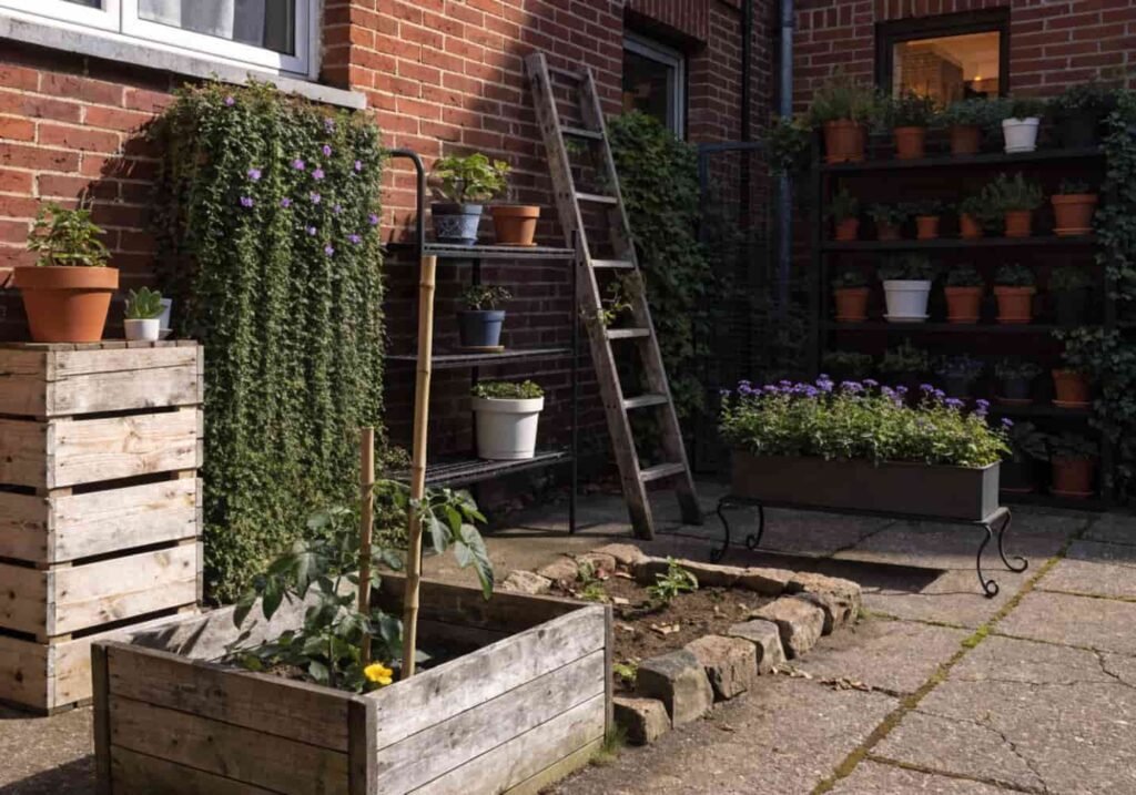 Vertical gardening wall with stacked planters maximizing small garden space
