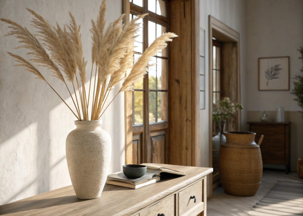 Wall-mounted TV flanked by styled floating shelves on either side.