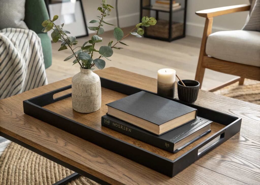 Coffee table styled with layered tray, books, vase, and candle in a modern living room.