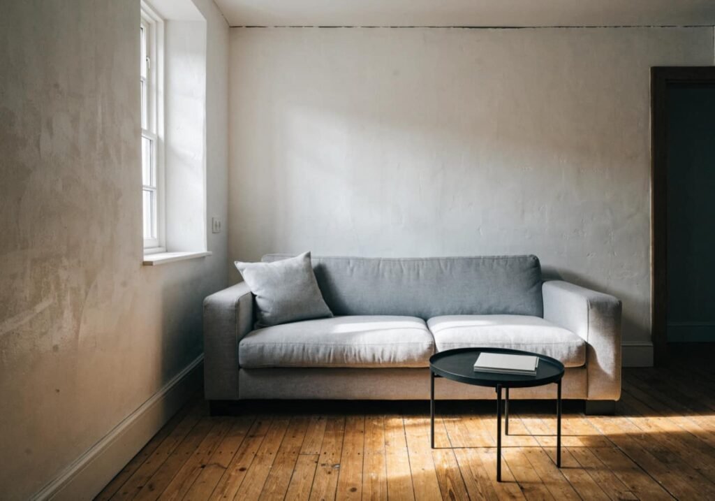Small living room featuring a minimalist grey couch and wooden flooring