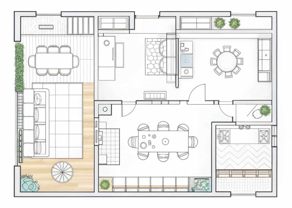 Floor plan sketch showing furniture zones in an open living room and kitchen layout