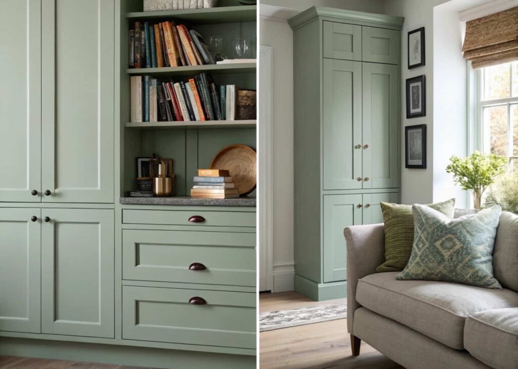 Matching sage green color palette used in both kitchen cabinets and living room accents.