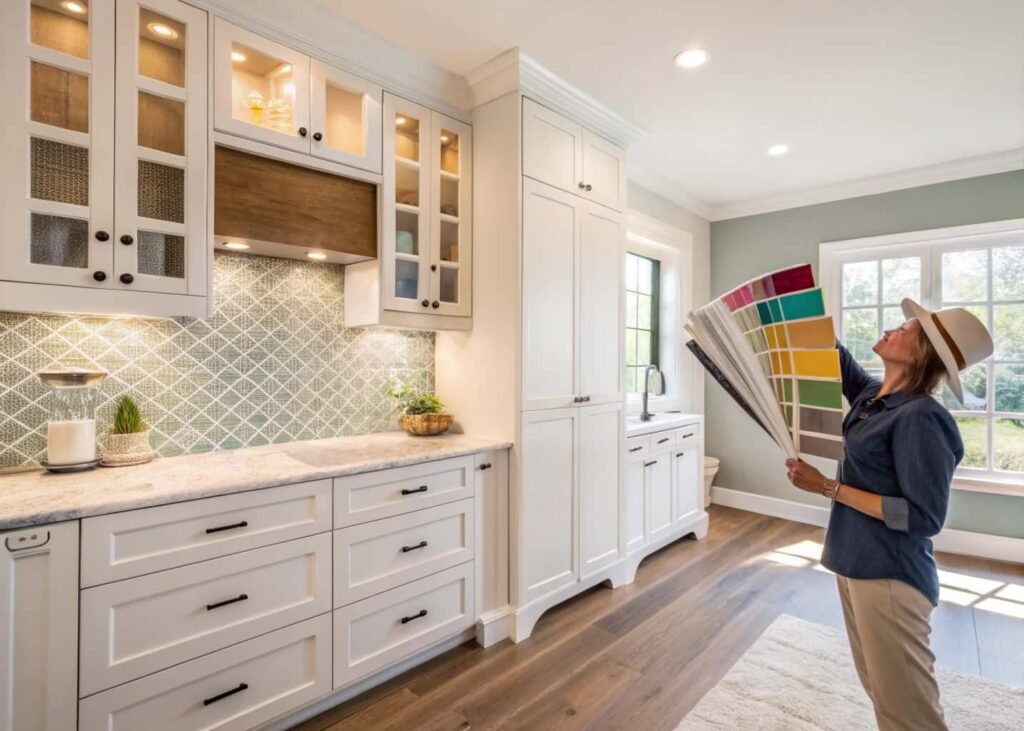 Homeowner comparing paint and tile swatches in a naturally lit kitchen before choosing a decor theme