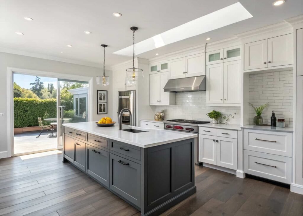Modern kitchen with flat-panel white cabinets and charcoal island