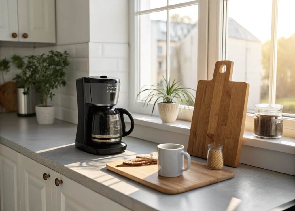 Minimal kitchen counter styling with only essential items visible for an aesthetic look