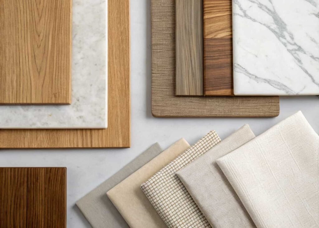 Material swatches comparing warm and cool kitchen tones including wood, marble, and metal finishes