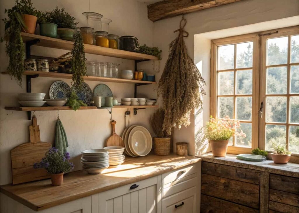 Cottagecore kitchen with open shelving and dried herb bundles