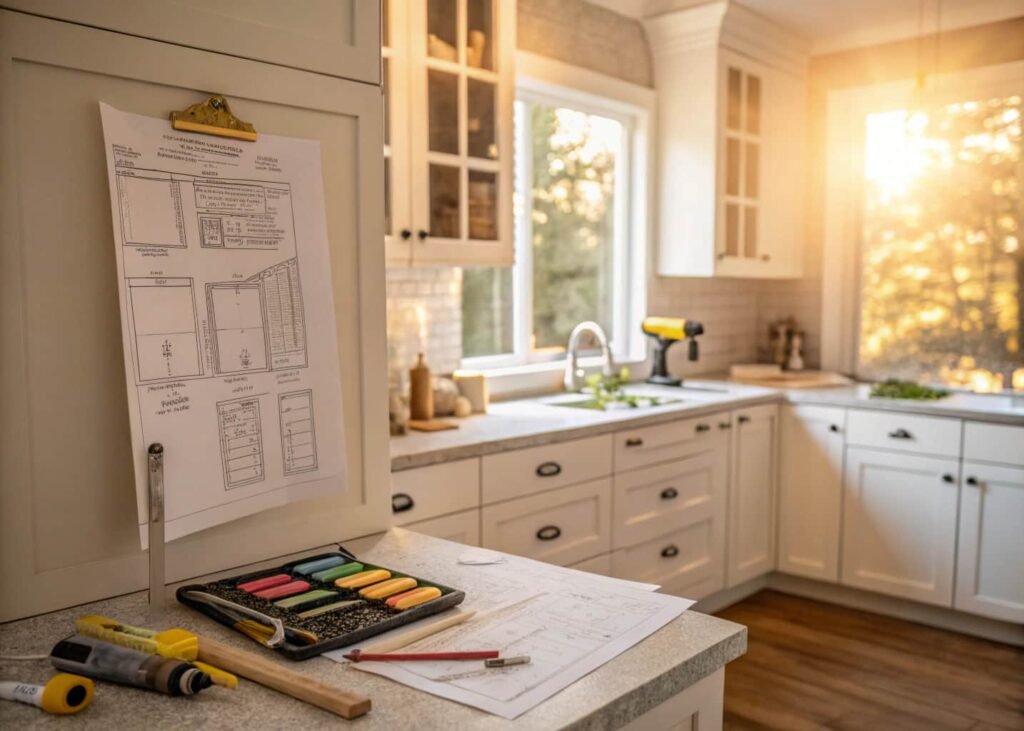 Kitchen renovation moodboard and tools on a counter showing 2026 kitchen decor planning
