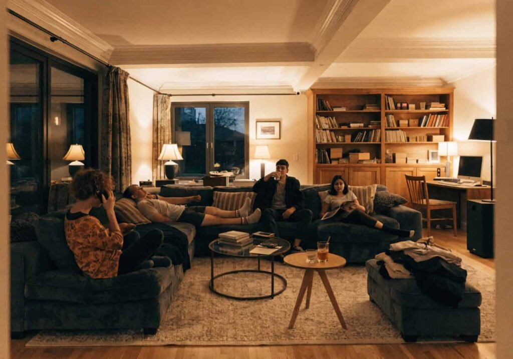 U-shaped sectional sofa arranged for a large family living room