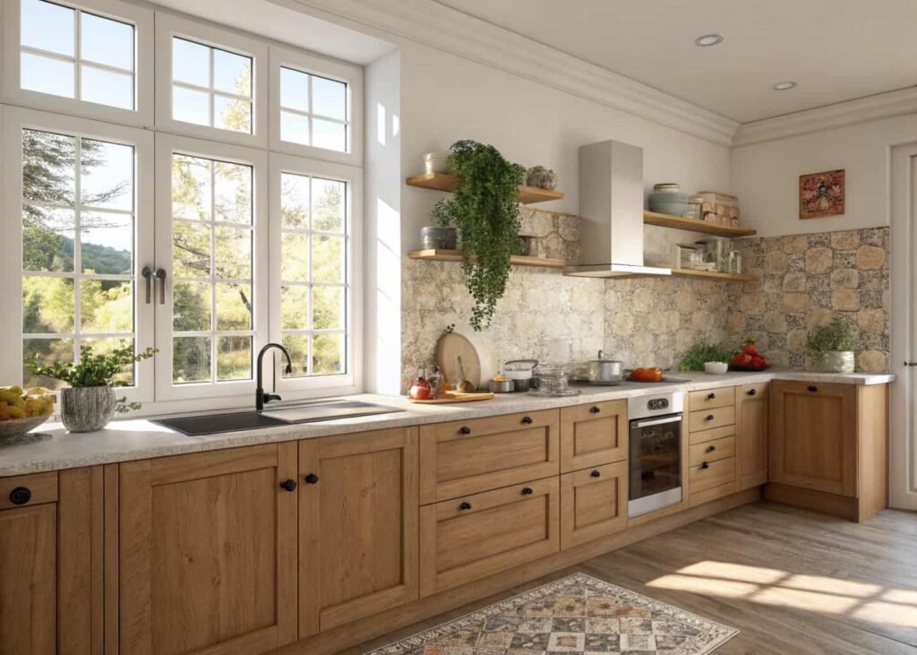 Sunlit kitchen with wood cabinets showing natural light patterns for decor planning