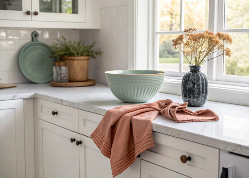 Open kitchen shelving styled with stacked plates, a small plant, and a leaning wooden cutting board