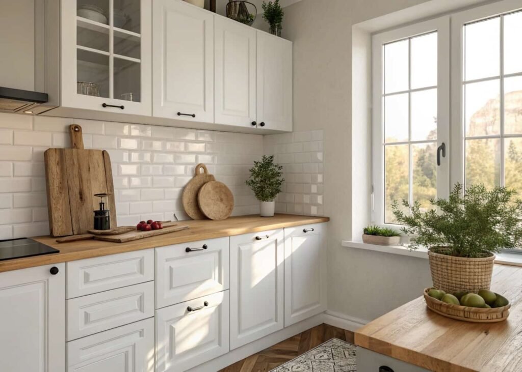 Small apartment kitchen styled with simple, renter-friendly decor touches.
