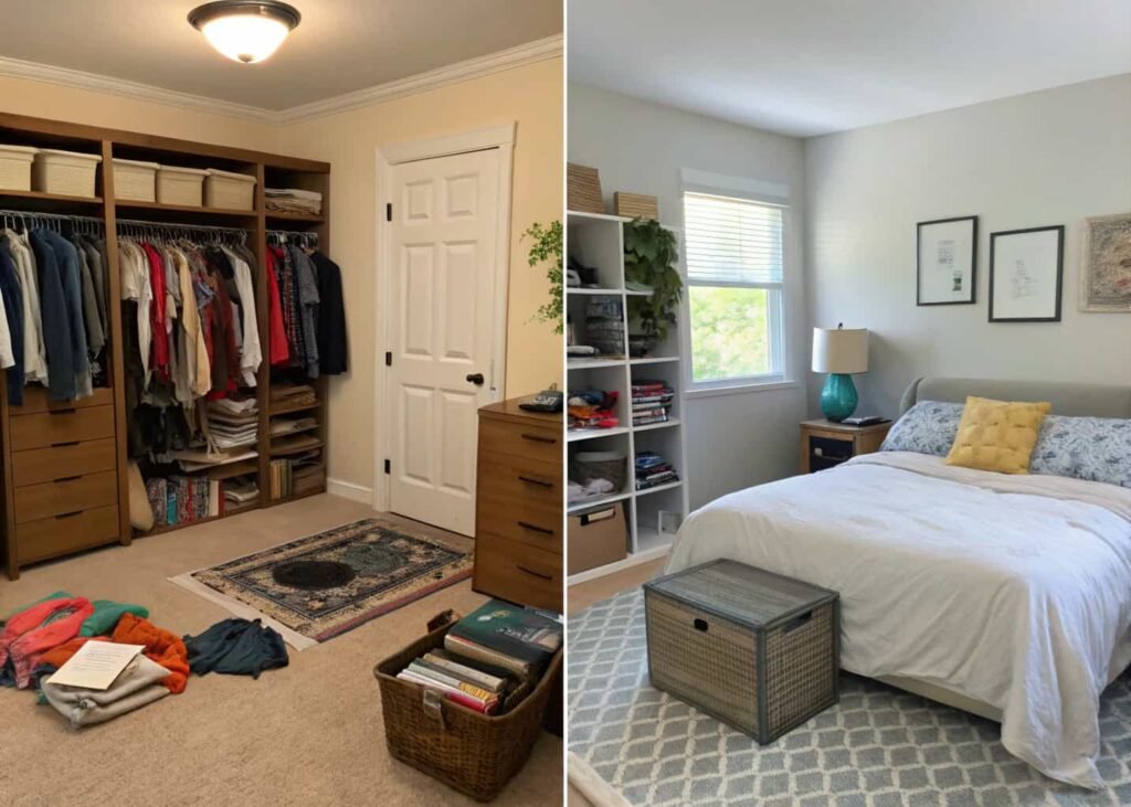 Before and after comparison of a cluttered bedroom versus a calm aesthetic bedroom