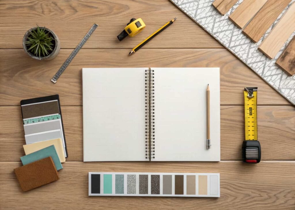 Flat lay of bedroom planning notebook tape measure and color swatches