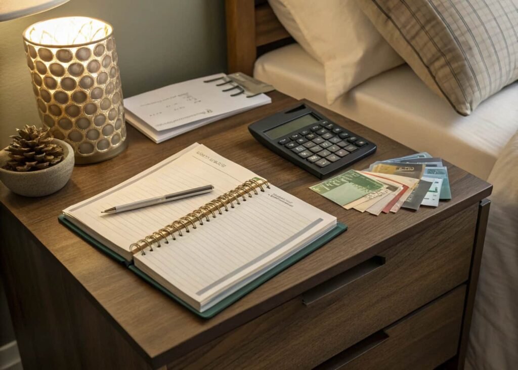 Budget planning notebook and paint samples for a bedroom makeover