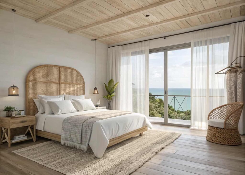 Serene coastal bedroom with linen bedding, rattan headboard, and natural light