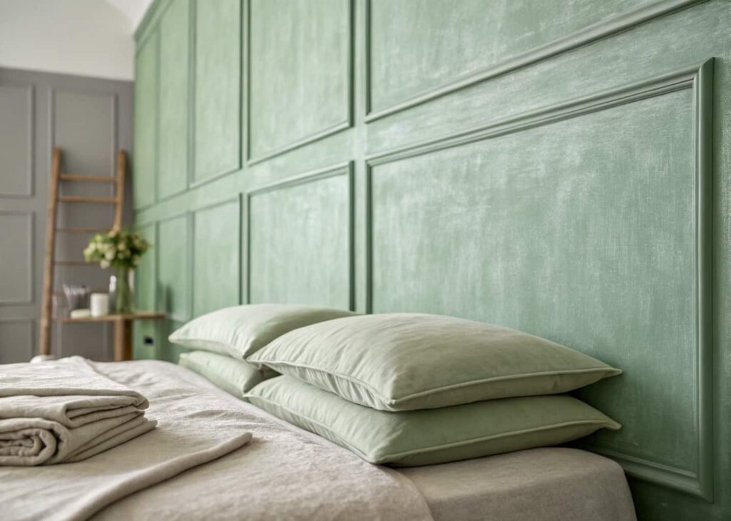 Sage green bedroom wall paired with soft linen bedding
