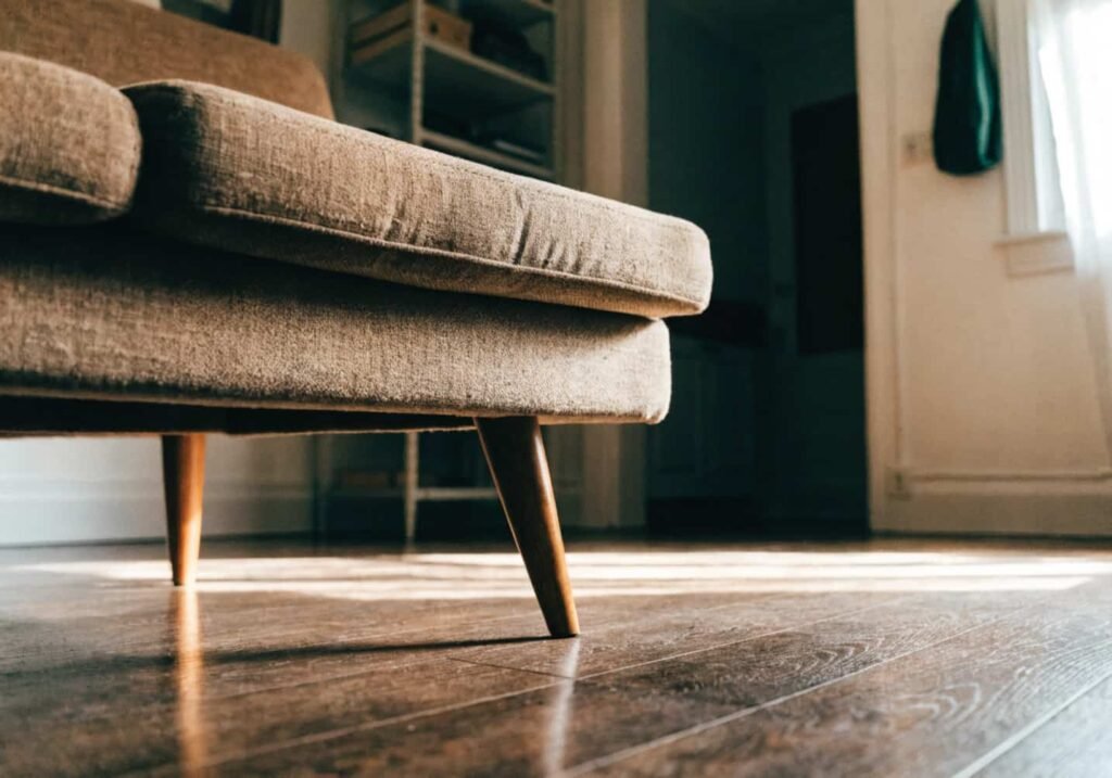 Raised sofa legs creating an open floor gap that makes a small room feel bigger.
