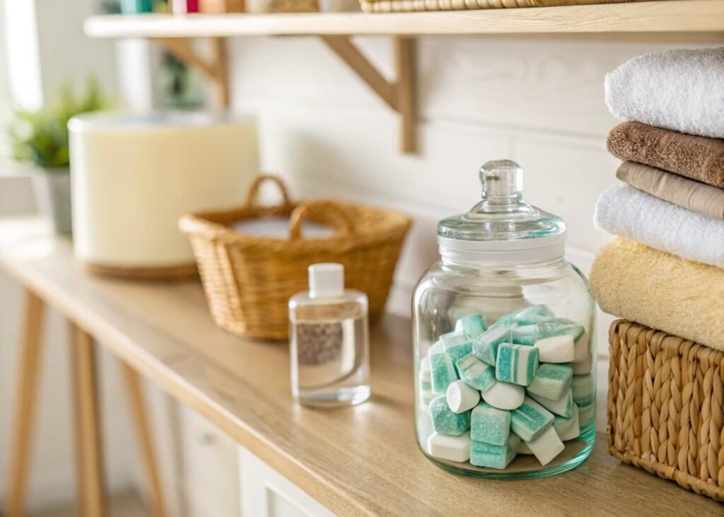 Eye-level laundry shelf holding detergent jar, stain remover, and folded towel