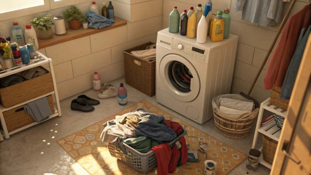 Cluttered laundry room with items piled on the dryer and clothes on the floor.