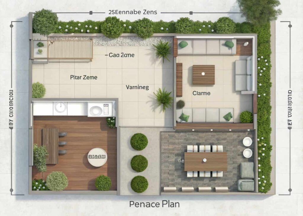 Overhead view of a terrace divided into planting, seating and walking zones