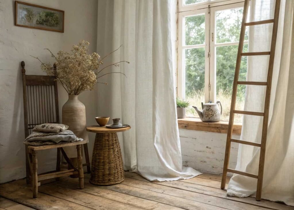 A cottagecore living room with linen curtains pooling on a wood floor, a ladder-back chair, and dried wildflowers in a stoneware jug on a rough oak side table.
