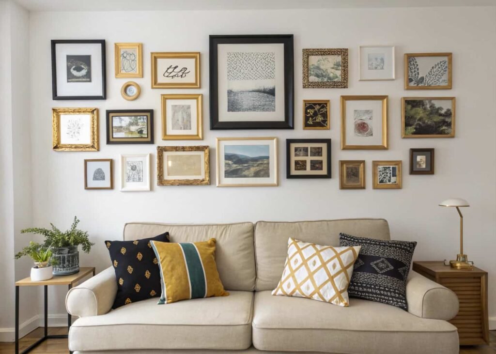 asymmetric gallery wall with mixed black, wood, and gold frames of varying sizes above a living room sofa