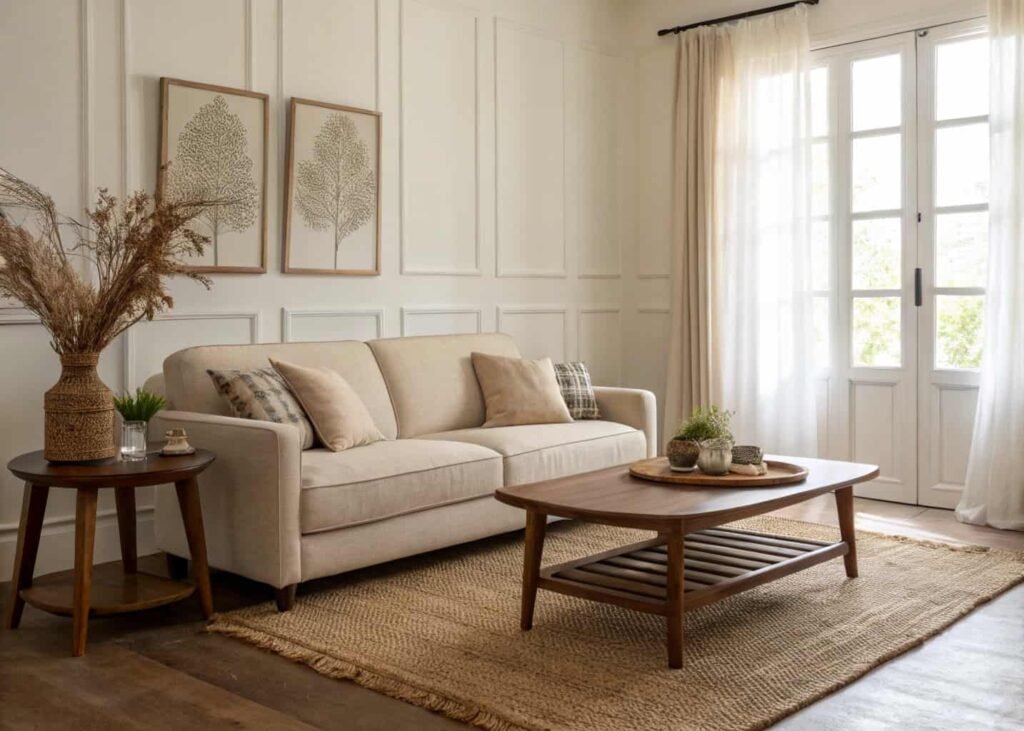 Neutral-toned living room with layered warm whites, linen sofa, and walnut coffee table.