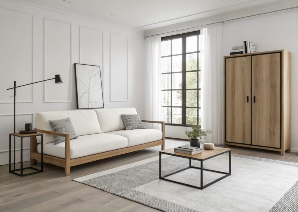 Minimalist living room with a low white-oak sofa, black steel side table, and closed storage cabinet