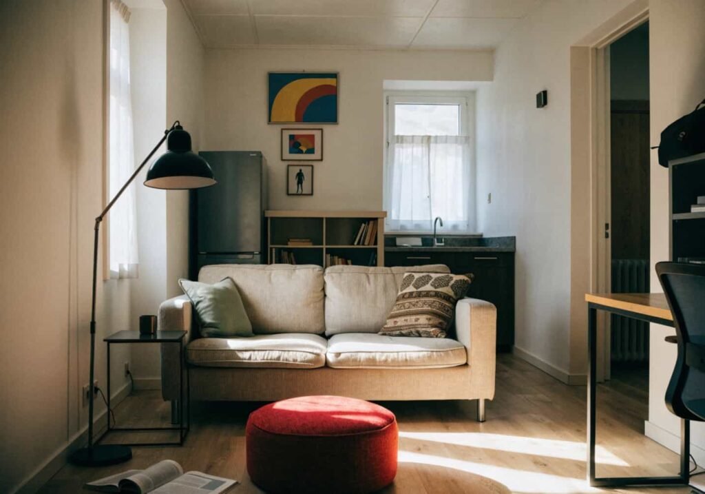 Small apartment living room using space-saving sofa placement hacks