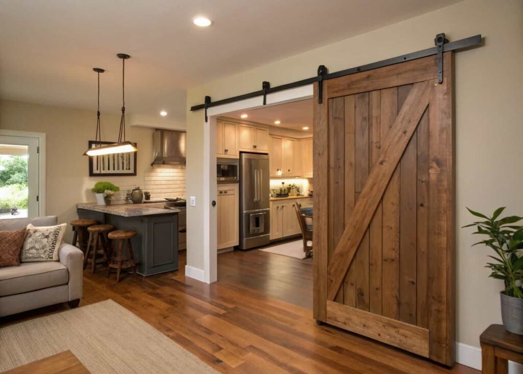 Sliding door used as a flexible partition between kitchen and living room