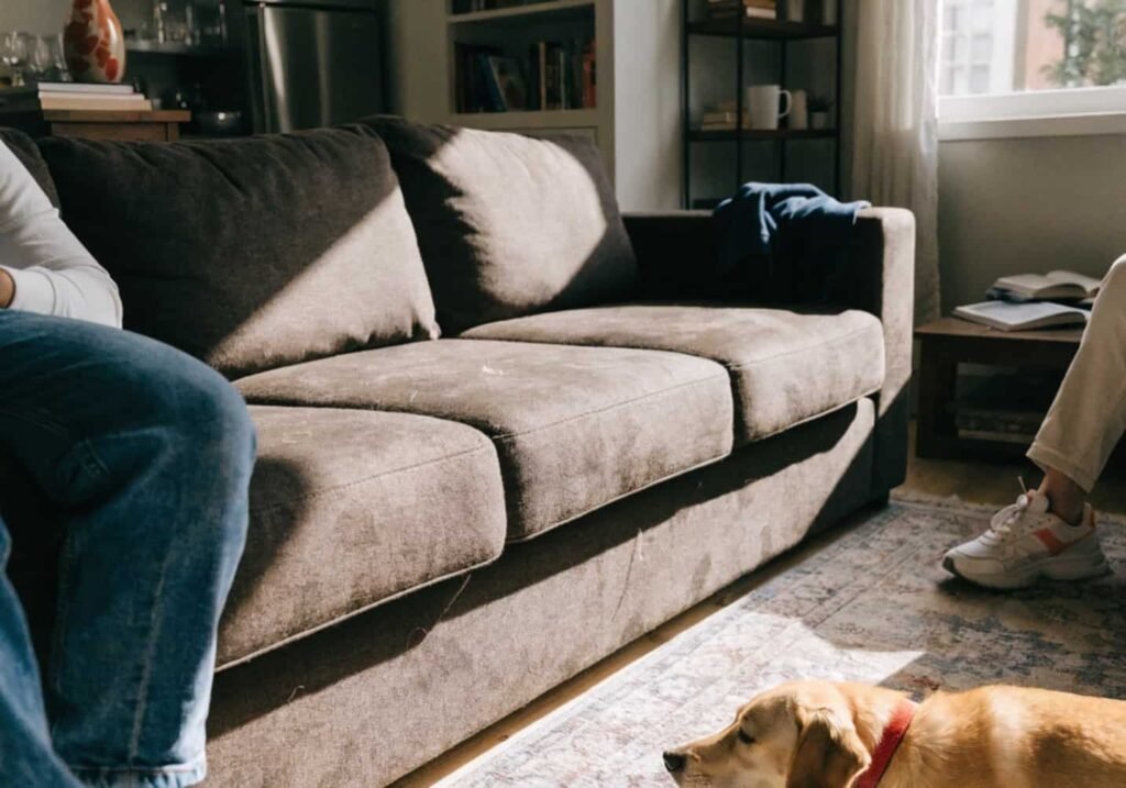 Durable pet-friendly couch in a cozy family living room with a dog nearby