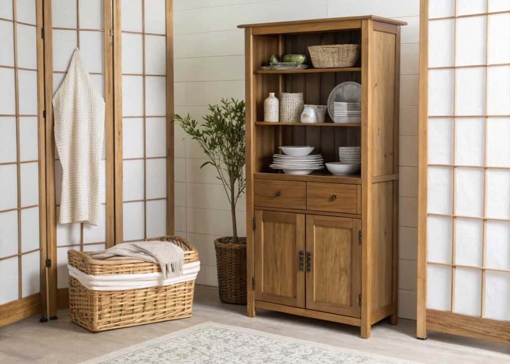 Storage hutch and matching baskets used across kitchen and living room zones.