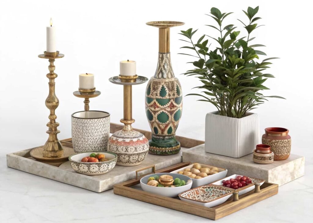 Maximalist countertop styling with layered brass and ceramic pieces