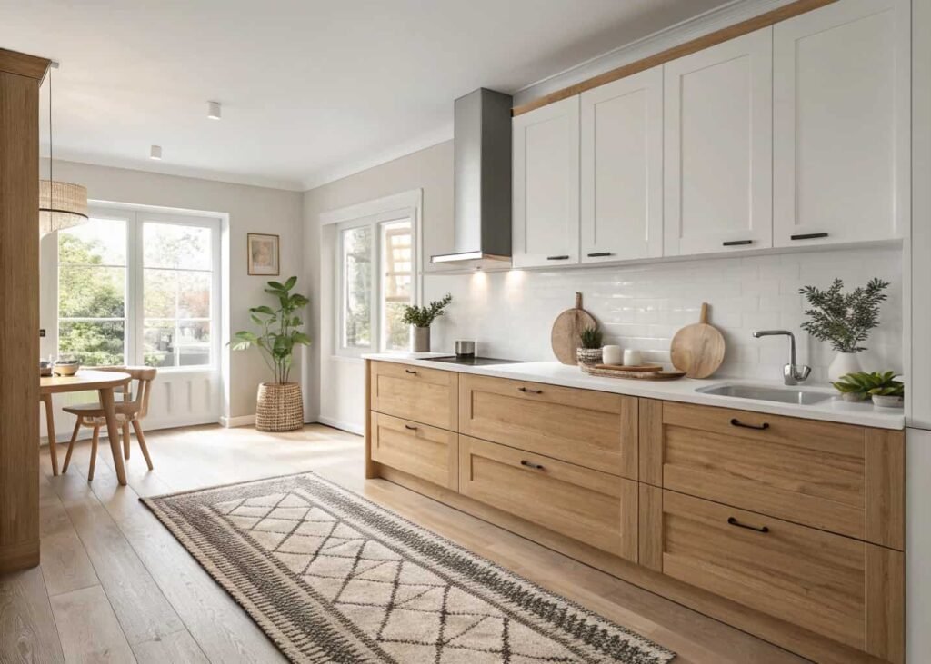 Scandinavian kitchen with light oak cabinets and minimal countertop styling