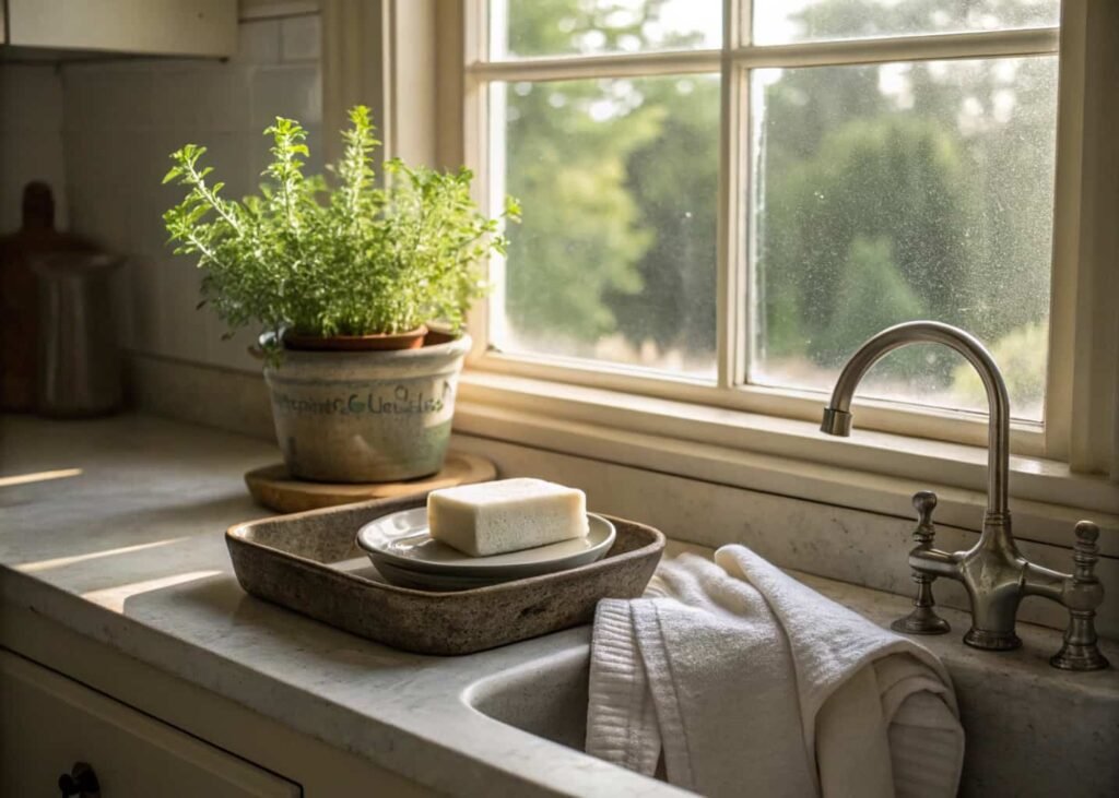 Styled kitchen sink window nook with herb plant and ceramic soap dish