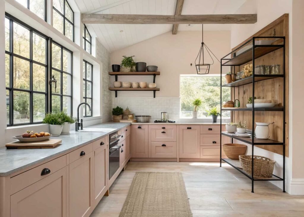 Kitchen mixing cottage cabinetry with industrial black metal shelving as an example of combining two aesthetics