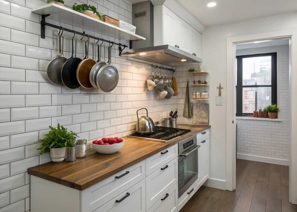 Compact galley kitchen with pot rail and subway tile
