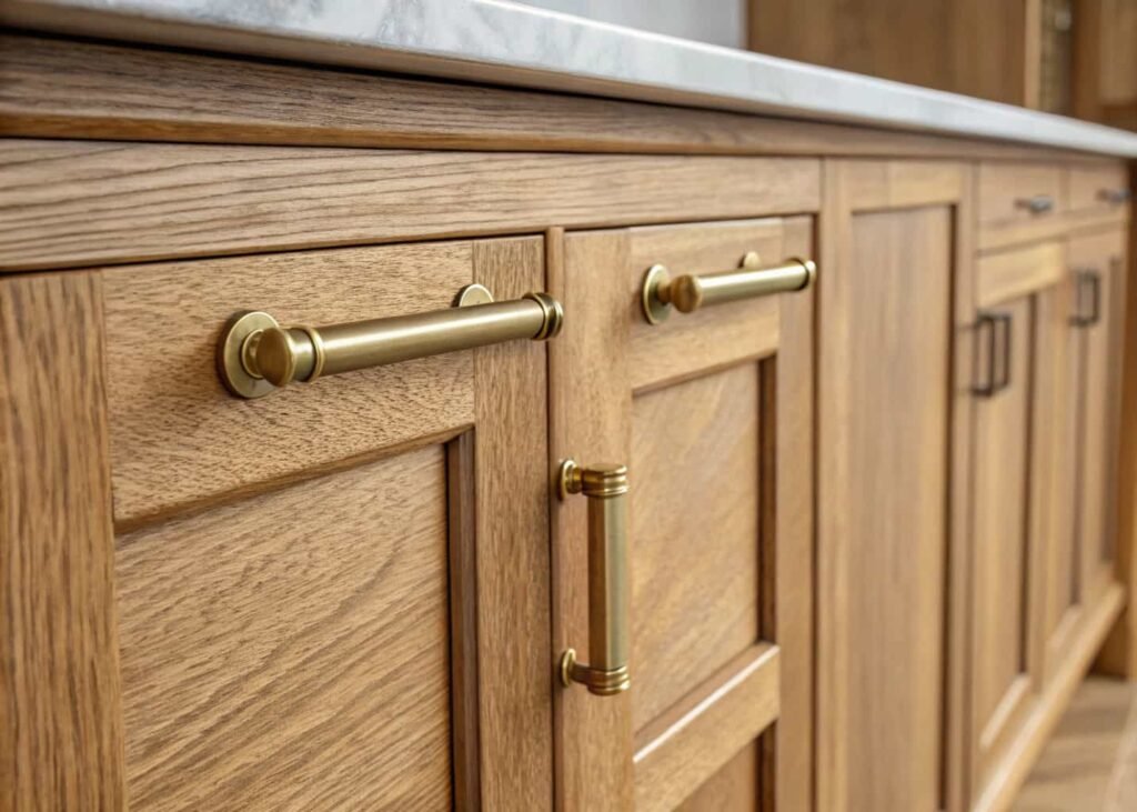 Unlacquered brass cabinet hardware, a bold 2026 kitchen fixture trend