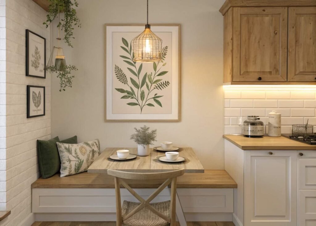Framed botanical print displayed on kitchen wall above breakfast nook seating