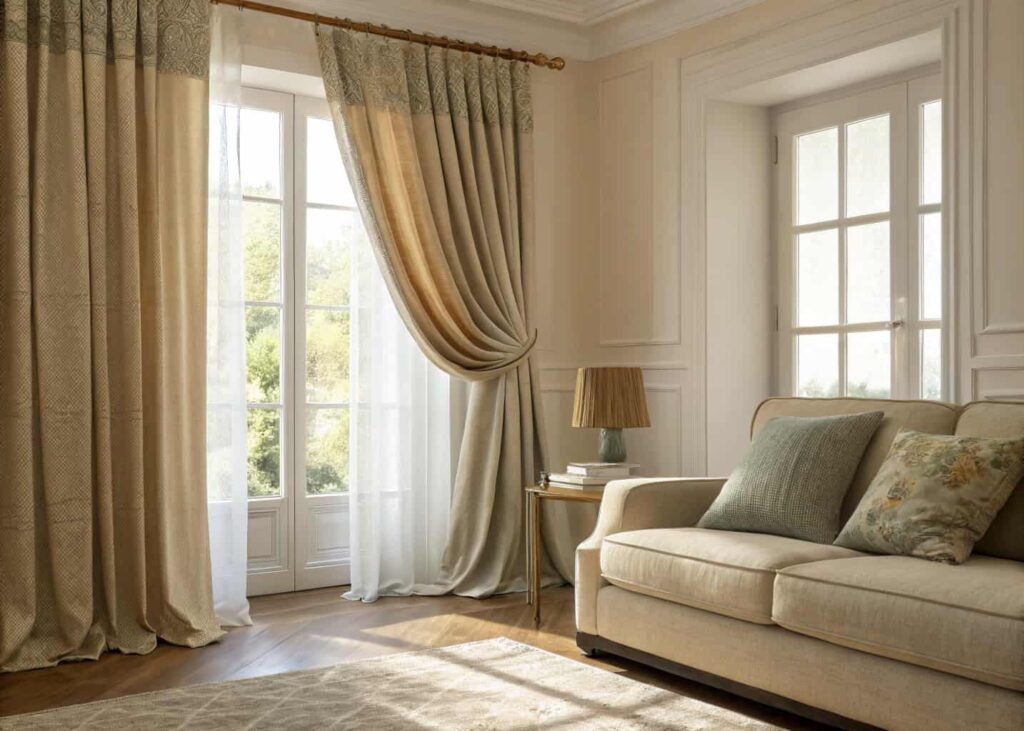 Curtains paired with sofa fabric in a living room setting