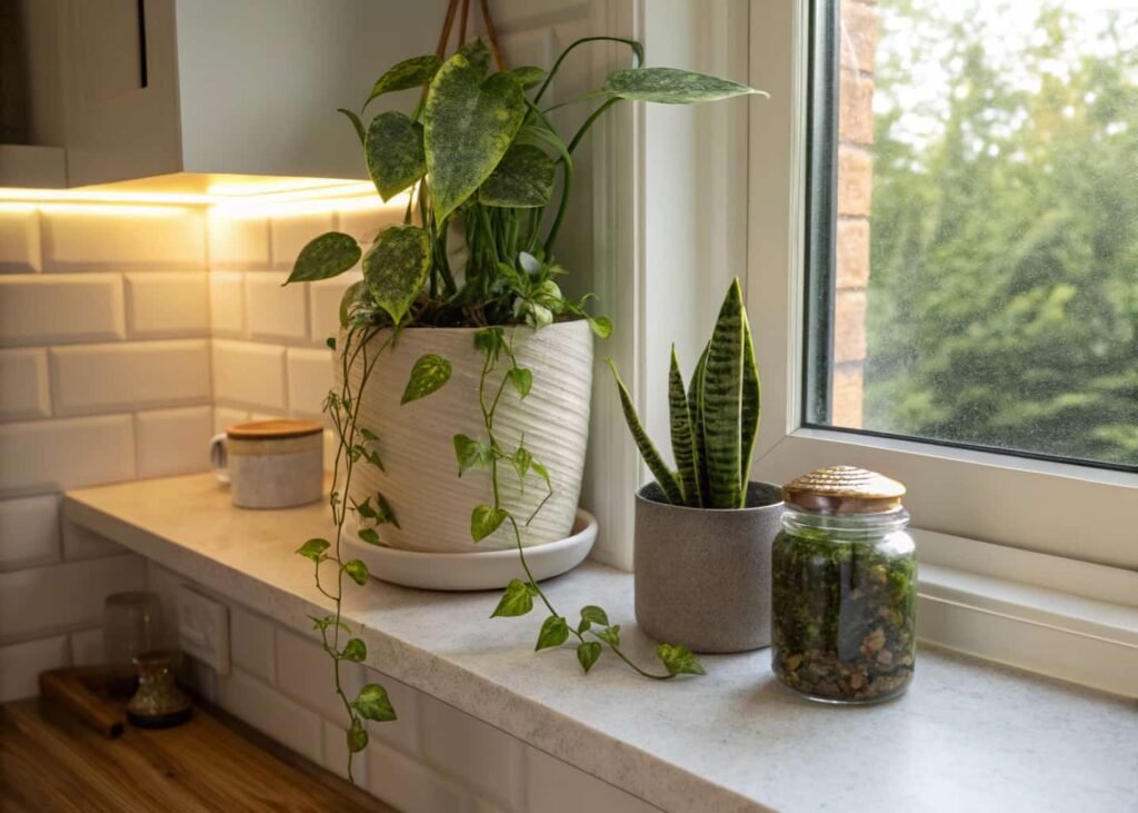 Low-light kitchen greenery grouped on a shelf in a small rental apartment.