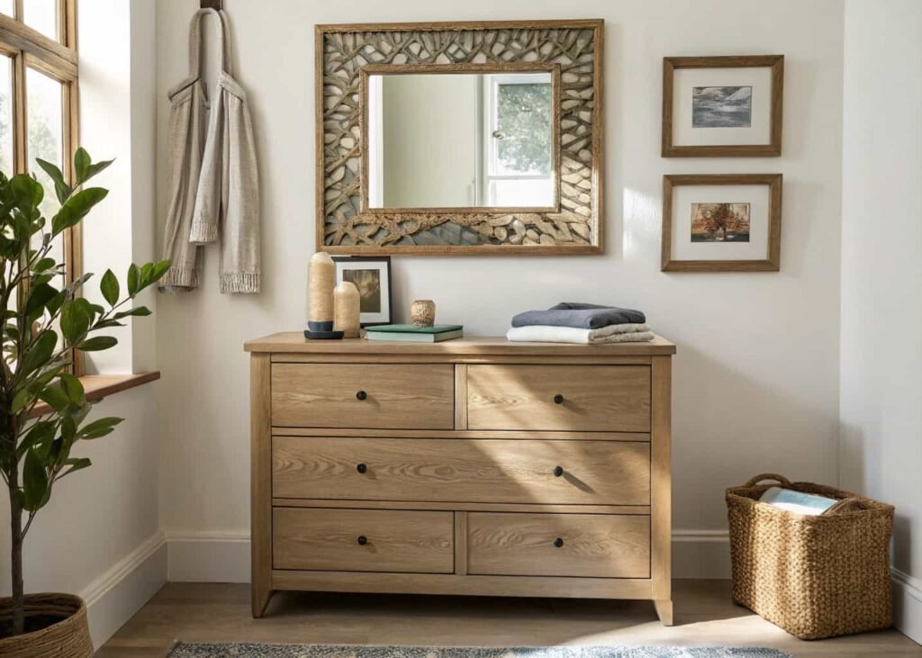Wall decor arrangement above bedroom dresser