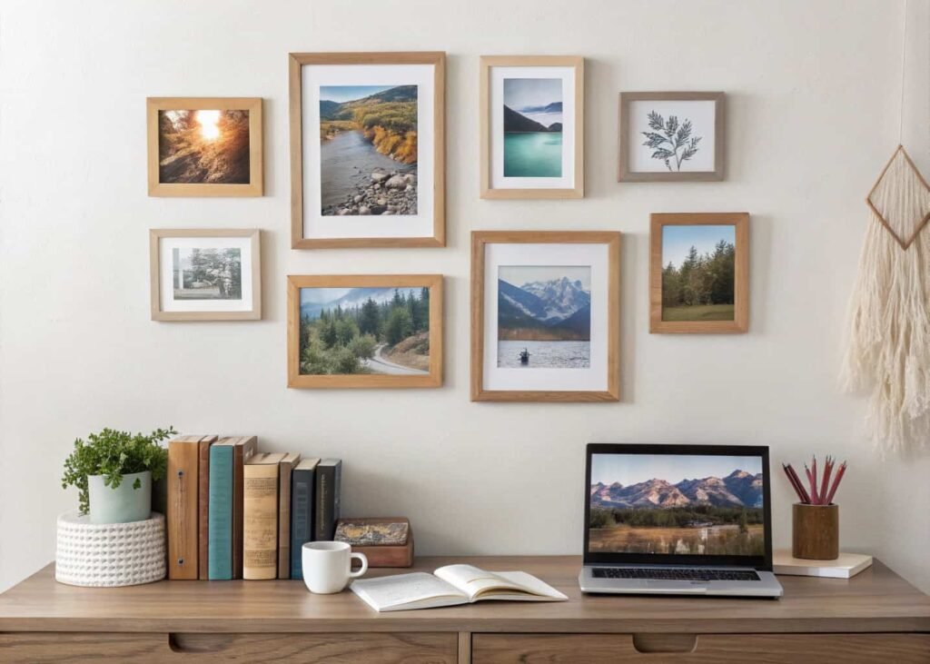 Vision board wall collage with matching wood frames in aesthetic bedroom