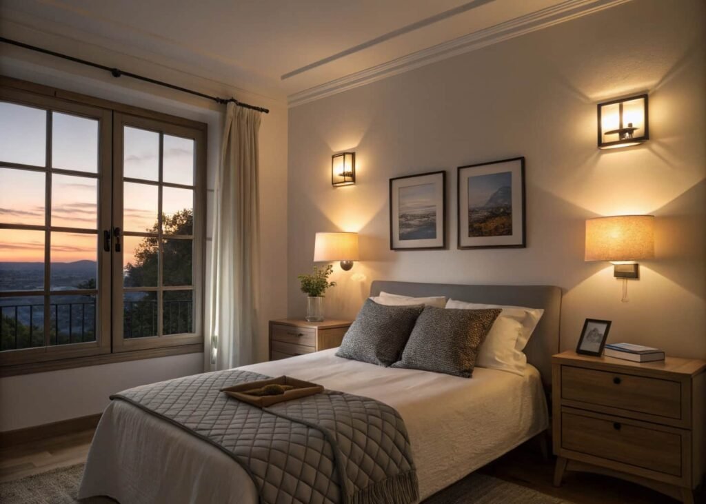Bedroom demonstrating layered ambient, task, and accent lighting