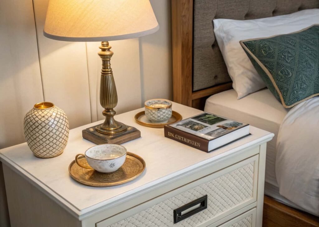 Organized bedroom nightstand essentials kit with lamp and book