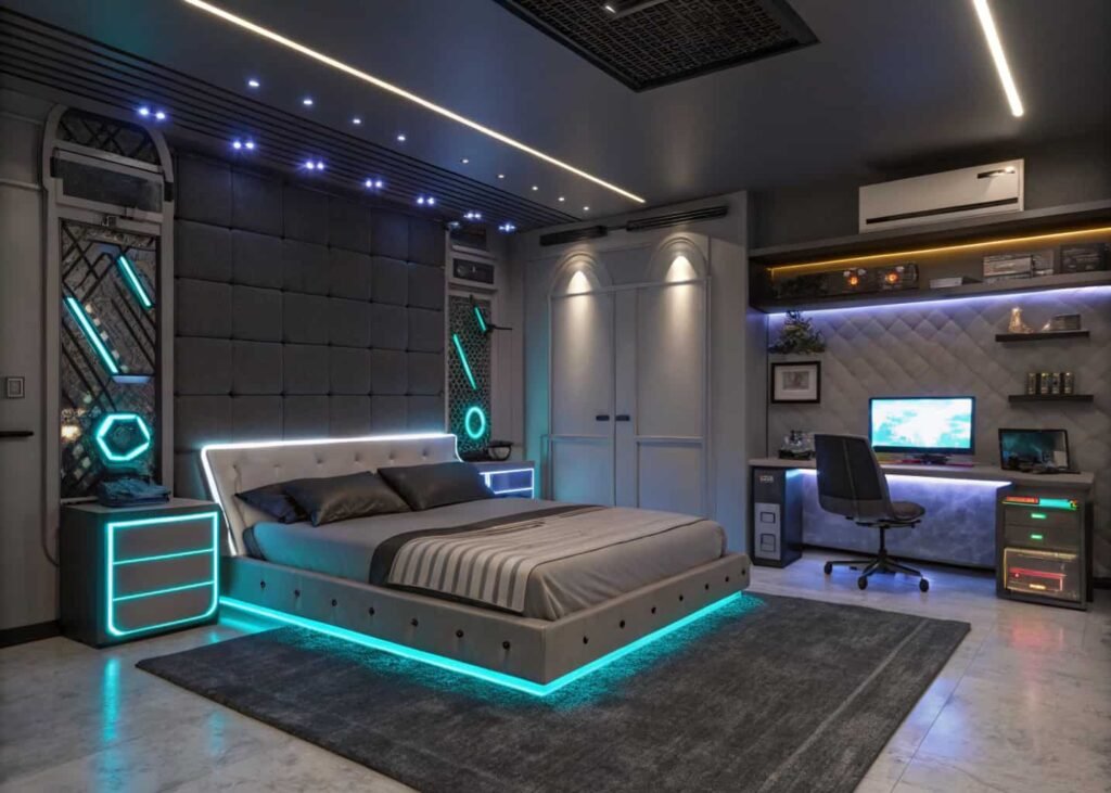 cyber Y3K futuristic bedroom aesthetic with LED lighting and metallics