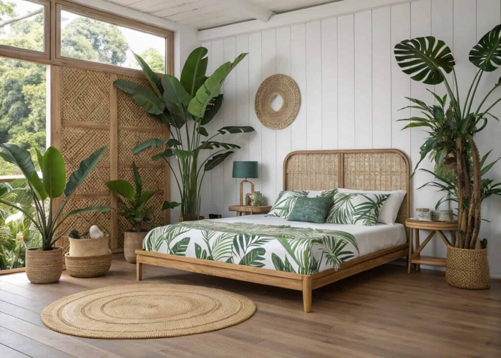 Tropical retreat bedroom with rattan furniture and lush greenery