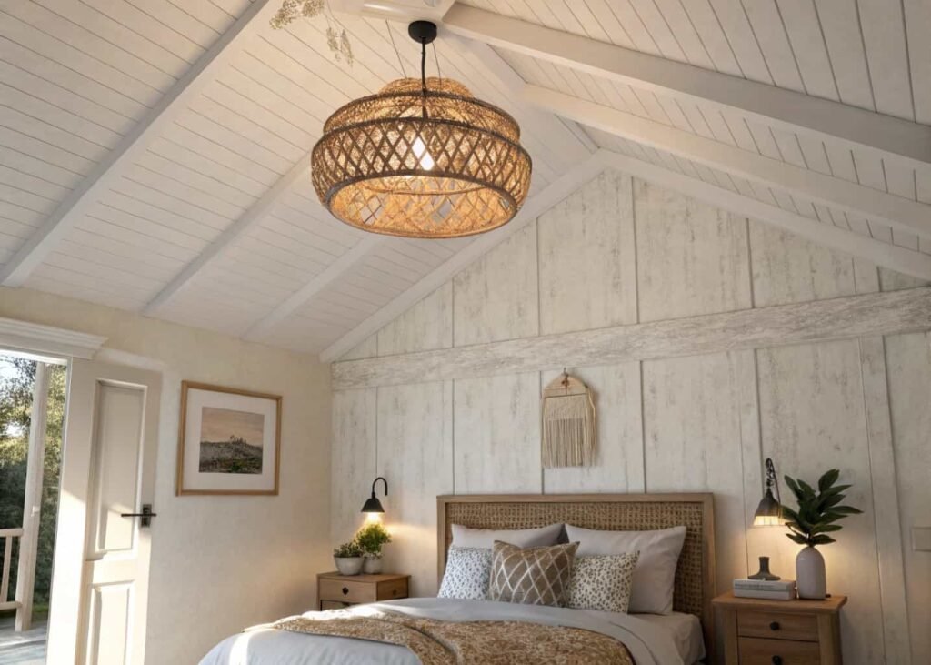 Woven pendant light fixture adding warmth to a bedroom ceiling